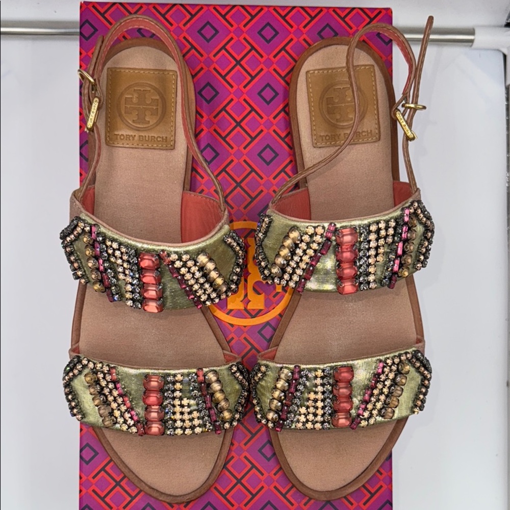 Tory Burch Gold Jeweled Strappy Sandals - Picture 4 of 16